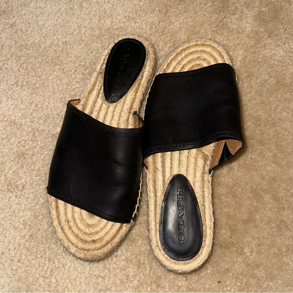 COACH Claudia Black Leather Slide Espadrille Open Toe Sandals 7.5